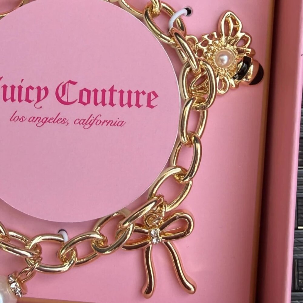 Juicy Couture Gold Charm Bracelet Heart Bow Bee Pearl Crystal NIB - Picture 4 of 8